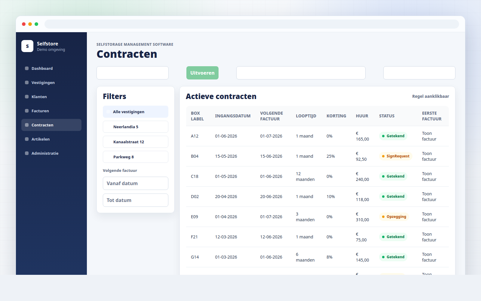 Fictieve contractenlijst met filters en contractstatussen