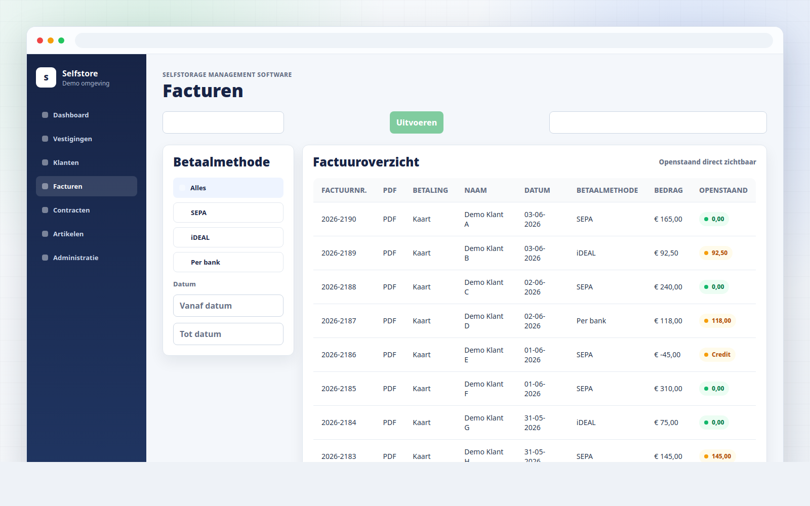 Fictieve facturenlijst met openstaande bedragen en betaalstatus